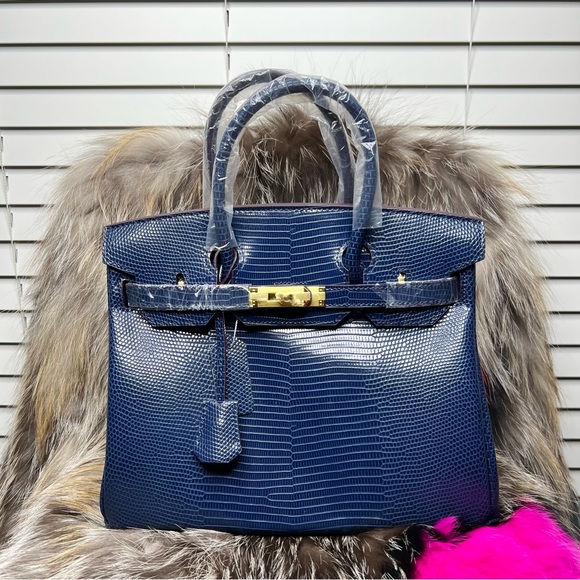 Genuine Blue Leather embossed in Lizard Print 30cm with gold hardware. - Picture 8 of 10